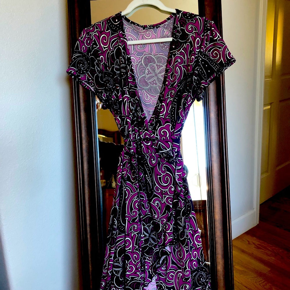 Purple and black wrap front dress